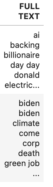 Snippet of the full text cell. The second row says 'biden biden cimate come cop death green job'